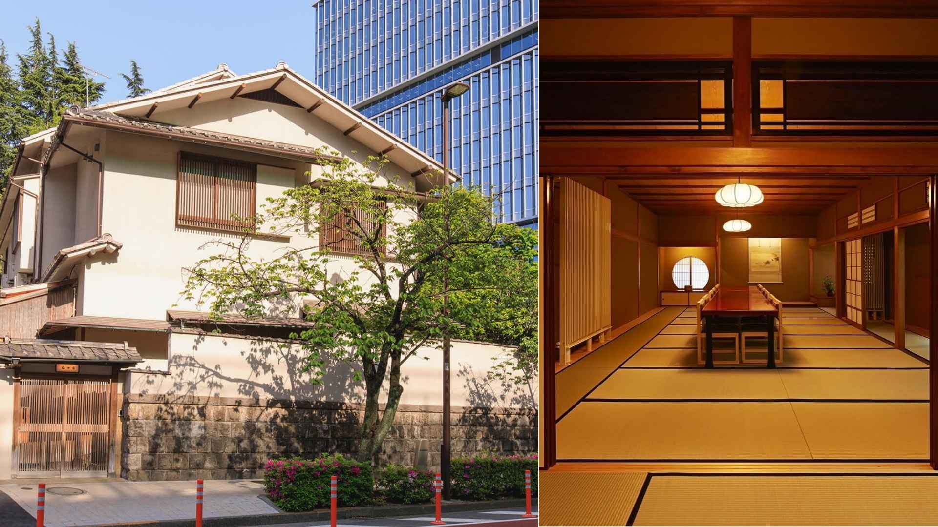 Kioicho Fukudaya located in a traditional Japanese house (left), Kotobuki 寿 private room on 2nd floor (right)
